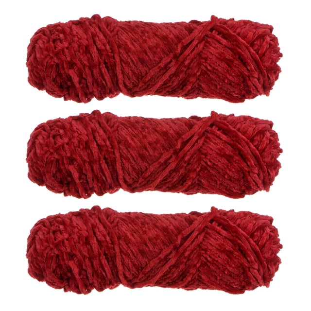 Unique Bargains Polyester Velvet Deep Red Chenille Yarn, 3 Skeins. The yarn is made of 100% polyester with a soft, fluffy, and thick texture resembling velvet. Each skein weighs 100g (3.5oz) and measures 131 yards in length. Ideal for crafting blankets, scarves, hats, cushions, sweaters, and more. The deep red color adds a rich, vibrant touch to any project. Package includes three skeins of chenille yarn.