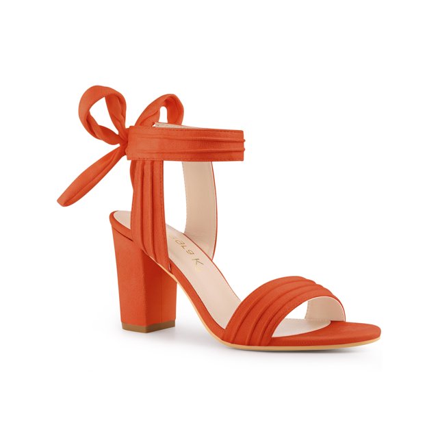 BLISSFUL STEP Women's Sandals Ankle Tie Back Open Toe Block Heels Orange 8