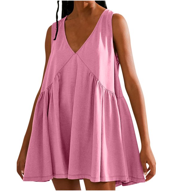 Penkiiy Robe Courte Sans Manches à Col en V pour Femme, Ample, d'Été, Plissée, Évasée et Fluide, L Rose Vif