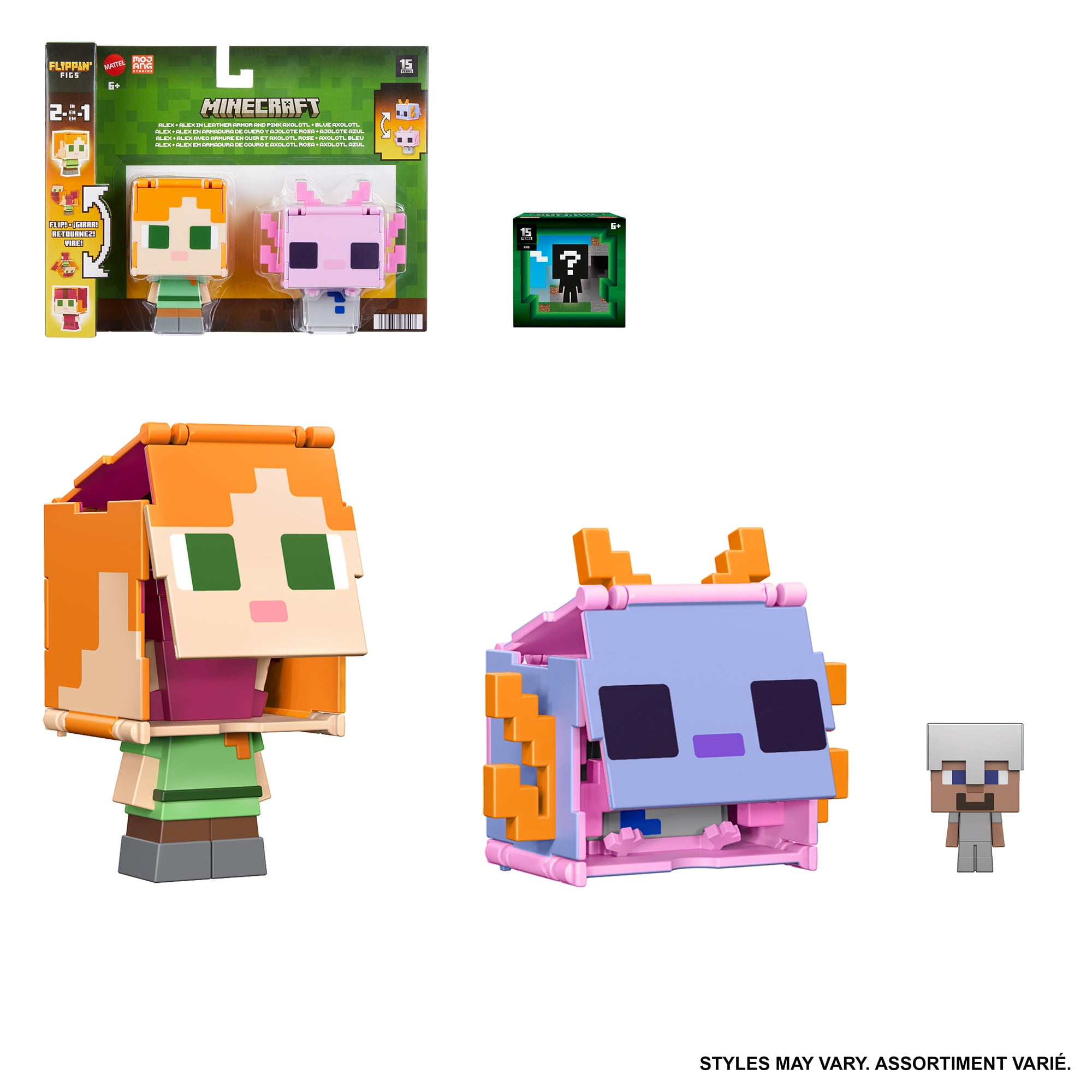 Minecraft Bundle - Flippin’ Figs Alex & Axolotl Figures 2-Pack and Mob Head Minis Figure (Characters May Vary)