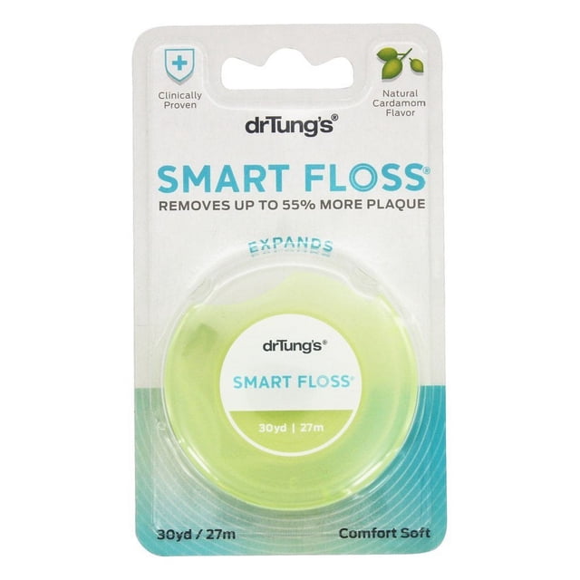 DrTung's Smart Floss Cardamom Flavor, 30 yards (27m), biodegradable dispenser with green and white design. Ideal for oral care, it removes up to 55% more plaque and features comfort soft floss suitable for tight spaces, braces, and wider gaps.