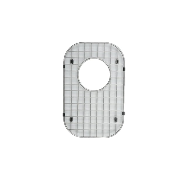American Imaginations 10.5-in. W Kitchen Sink Grid AI-34844, an oval stainless steel grid with chrome finish and black rubber feet for drop-in installation, featuring a central circular cutout for the drain, often used to protect sink surfaces and organize dishes.