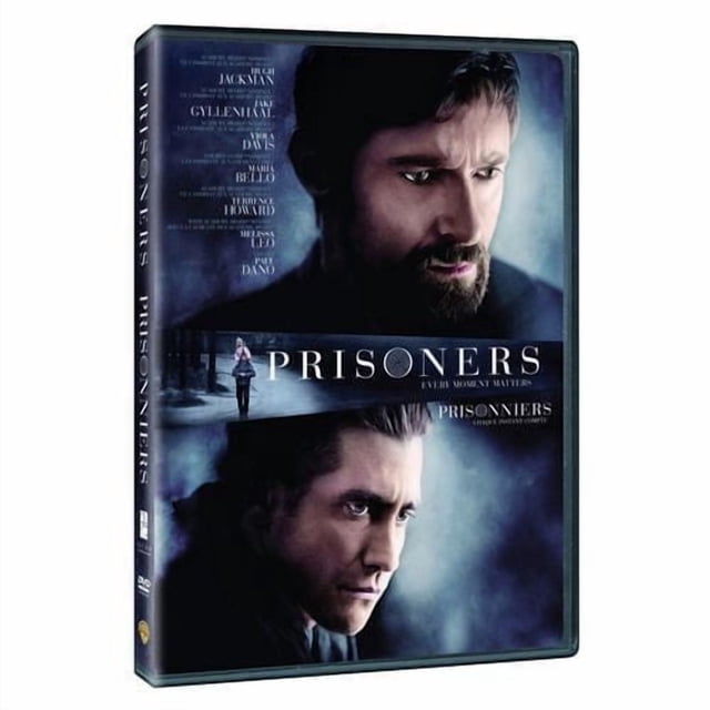 Prisoners (DVD) bilingual edition with a dark, foggy blue cover featuring the title 'PRISONERS' in bold white letters across the center and a small figure walking on a dimly lit street at night. The cover lists cast members Hugh Jackman and Jake Gyllenhaal and shows Warner Bros. branding on the spine. This DVD movie is a mystery thriller about a father's desperate search.