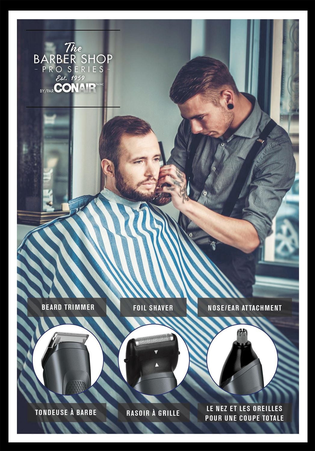 Tondeuse métallique tout‑en‑un Conair Barber Shop PRO Series, sans fil, lithium‑ion, avec rasoir grille et tête nez/oreilles