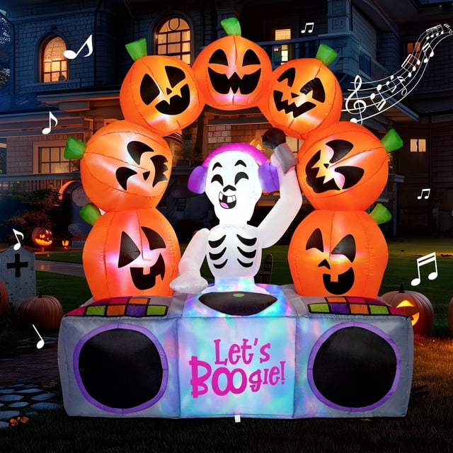 Joyfy 6 FT (183cm) Halloween Inflatable Pumpkin Skeleton with Colorful LEDs and Music Decorations with Build-in LEDs,Outdoor Halloween Ghost Decorations Blow up Yard Decorations
