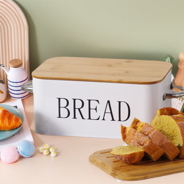 Meitianfacai Wooden Lid Bread Box Household Metal Baking Bread Box Iron Storage Box Kitchen Food Storage Box, White