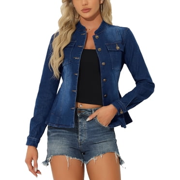 INSPIRE CHIC Vestes en Denim Courtes à Col Montant et Manches Longues pour Femmes, Bleu Foncé, Taille TP