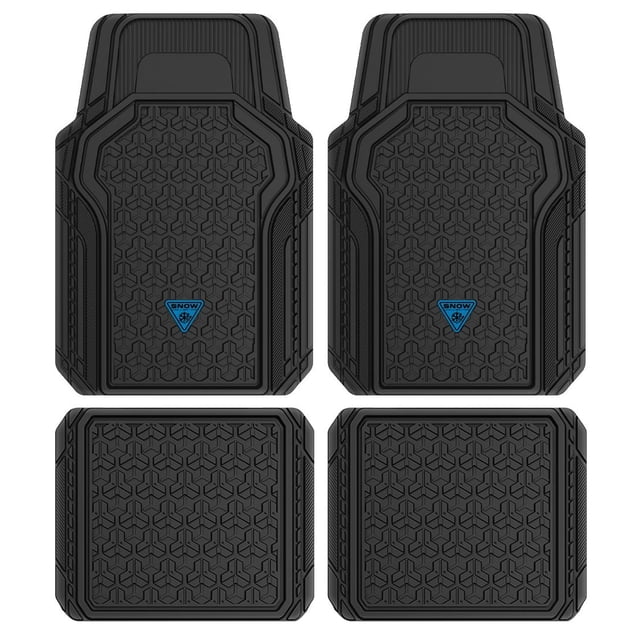 AUTO DRIVE Heavy Duty Car Floor Mats for Extreme Protection set of four black universal-fit mats with deep grooves and raised borders, featuring a blue snowflake logo for all-season and snow weather, designed to trap dirt, water, and debris with anti-slip nibbed vinyl backing for secure placement.