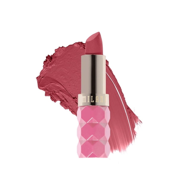 Milani Color Fetish Matte Lipstick in muted rose with a faceted pink base and gold-tone tube, shown with a creamy matte lipstick smear on white background, featuring full coverage and moisturizing hyaluronic acid formula, ideal for all skin tones.