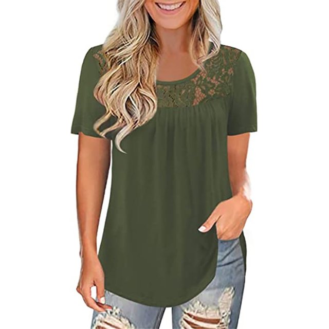 MRULIC T-Shirts pour Femmes Mode Dentelle Unie Col Rond Manches Courtes T-Shirt Blouse Hauts T-Shirts Femmes Vert + L