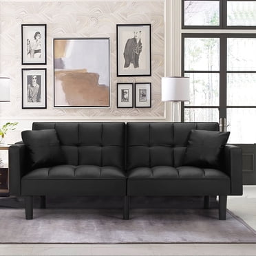 AVAWING Canapé-Lit Convertible Moderne de 74 Pouces en Similicuir, Futon Inclinable avec Coussins, Adulte, Noir