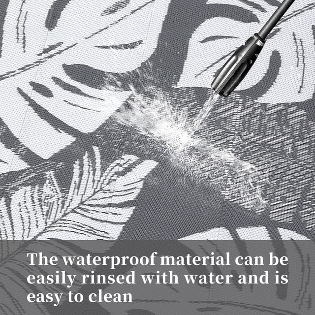 Waterproof Outdoor Rug 8 x 10 Modern Plastic Straw Rug Tropics Palm Leaves Camping Rug, Large Reversible Mat Indoor Outdoor Carpet for Patio RV Porch Deck Balcony, Grey White