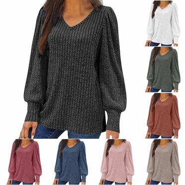 Fall Savings Horkkom Women's Sweaters V Neck Pullover Long Sleeve Tops Solid Color Casual Fall Tops XXXL