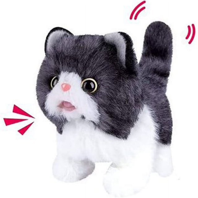 KEINXS Plush Toy Electronic Cat that moves and meows, featuring a lifelike design with black and white plush fur. The interactive toy kitten can walk, stretch, and make sounds, mimicking a real pet. Made from soft, environmentally friendly cotton, it is safe for children and suitable for hugging. Ideal for enhancing sensory and cognitive skills in kids, this toy measures 5.1 inches in length, 7.3 inches in height, and 7 inches in width. Requires 2 AA batteries (not included).