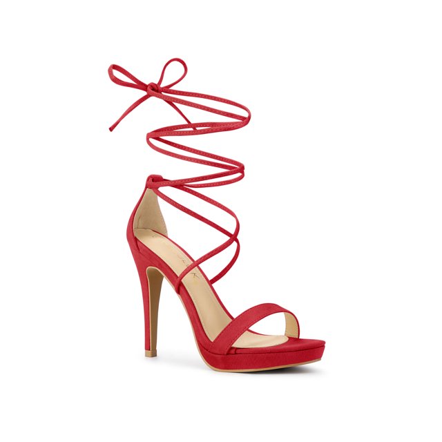 BLISSFUL STEP Sandales pour Femmes Talons Aiguilles Talons Plateforme Sandales à Lacets Rouge 7,5