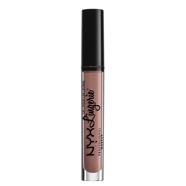 NYX Professional Makeup Lip Lingerie Matte Liquid Lipstick in nude beige shade, in a clear tube with black cap and logo, delivering a long-lasting, vitamin E-infused matte finish suitable for natural lip colour and everyday use.