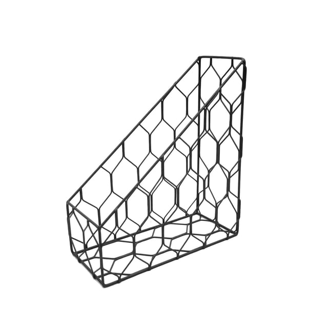 hometrends Magazine Holder in matte black iron with an open geometric honeycomb design, measuring 4.3 in. W x 10 in. D x 11.3 in. H, freestanding and lightweight for organizing magazines, newspapers, or files in office or home settings, also suitable for storing craft paper or folders.