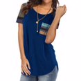 thumbnail image 3 of T-Shirt pour Femmes à Manches Courtes, T-Shirt à Col Rond à Manches Courtes, Haut à Rayures avec Poche, T-Shirt, Bleu, TG, 3 of 6