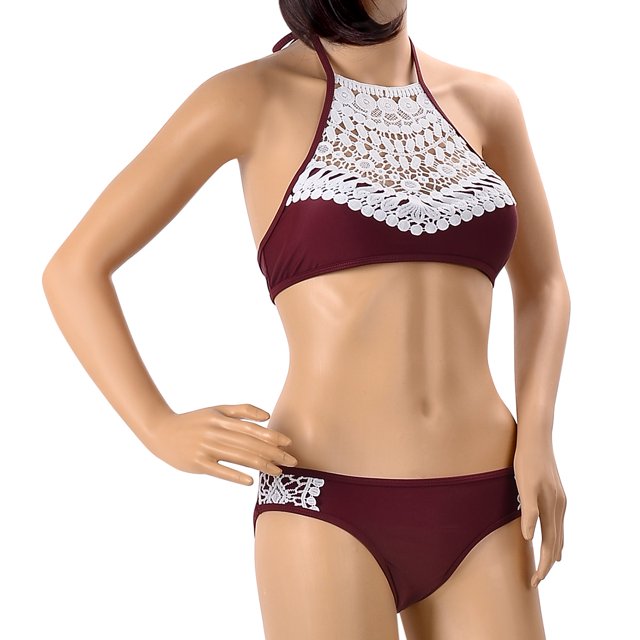 Fashion Women's Lace Splicing Halter Padding Tank Bikini Set, Wine