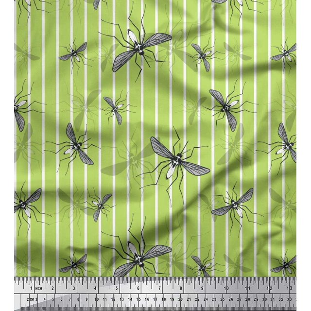 Soimoi Green Rayon Fabric Stripe & Mosquito Insects Print Sewing Fabric Yard 42 Inch Wide