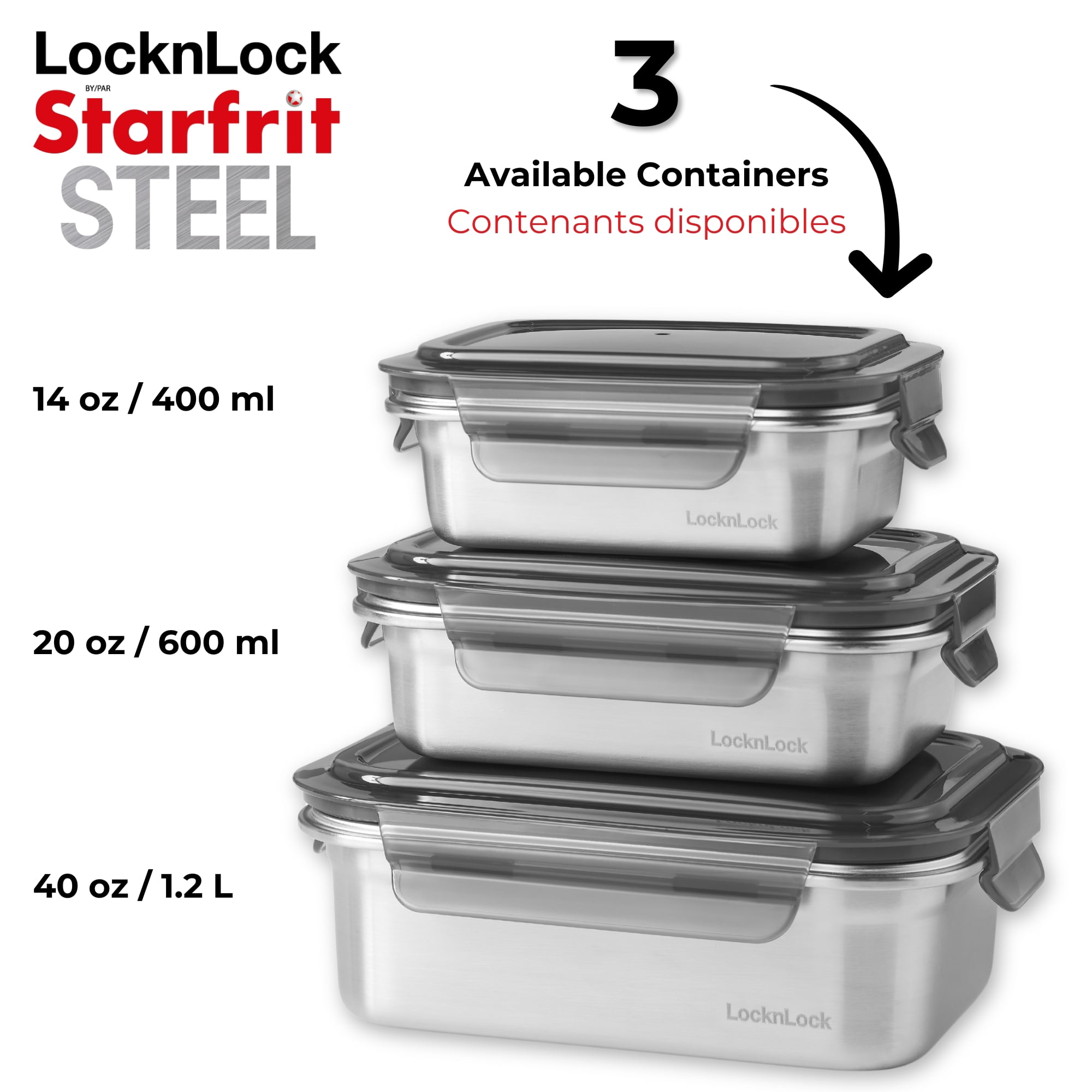 Starfrit LocknLock Steel, Contenant de rangement en acier inoxydable, Capacité de 1,2L /40oz, Rectangulaire, avec couvercle