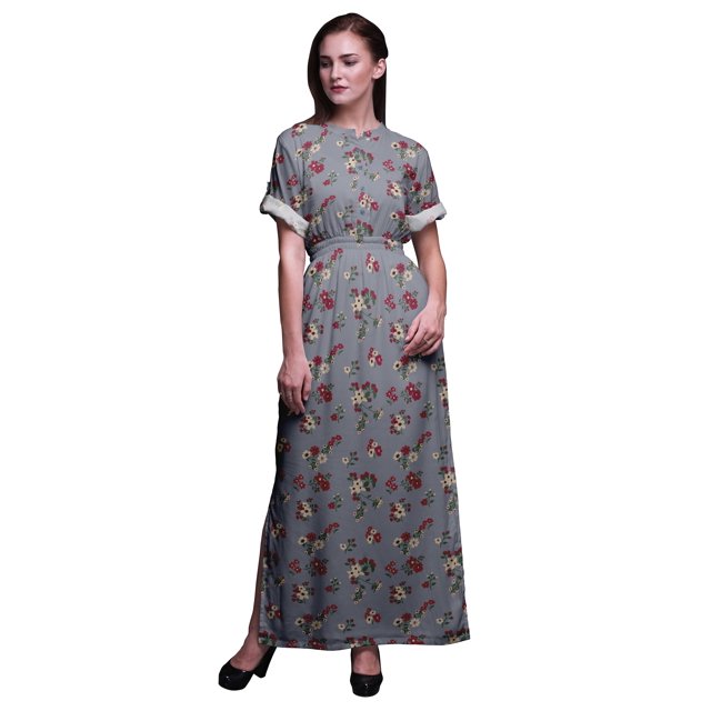 Bimba Robe Longue en Rayonne à Feuilles et Fleurs, Taille Smockée, Imprimée, Fente Latérale, Robe pour Femme - Xxx-Grand