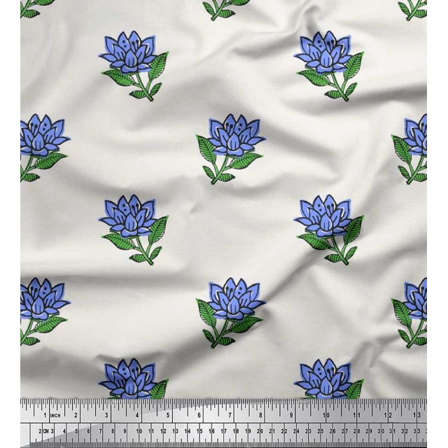 Soimoi Modal Satin Fabric Leaves & Lotus Block Fabric Prints by Yard 42 Inch Wide