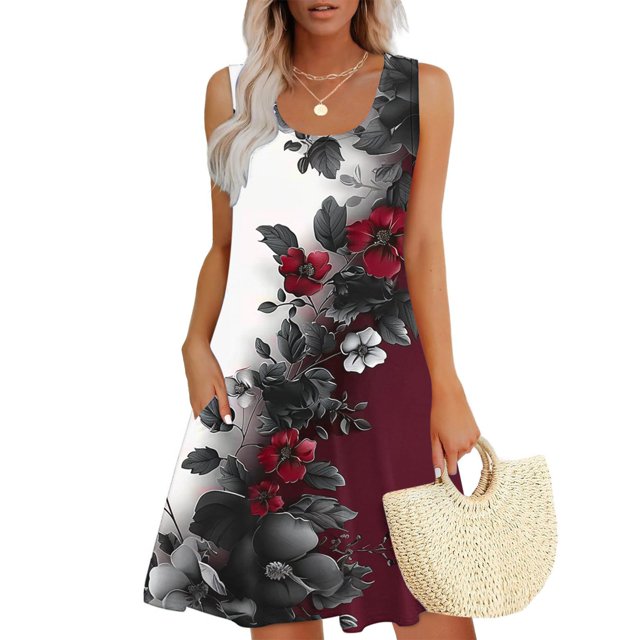 Ovzne Robes pour Femmes Robe Femmes Femmes Décontractée Ample Été Robe Imprimée Sans Manches Col en V Ensemble Haut/chemise Grande Taille Robe Imprimée Liquidation
