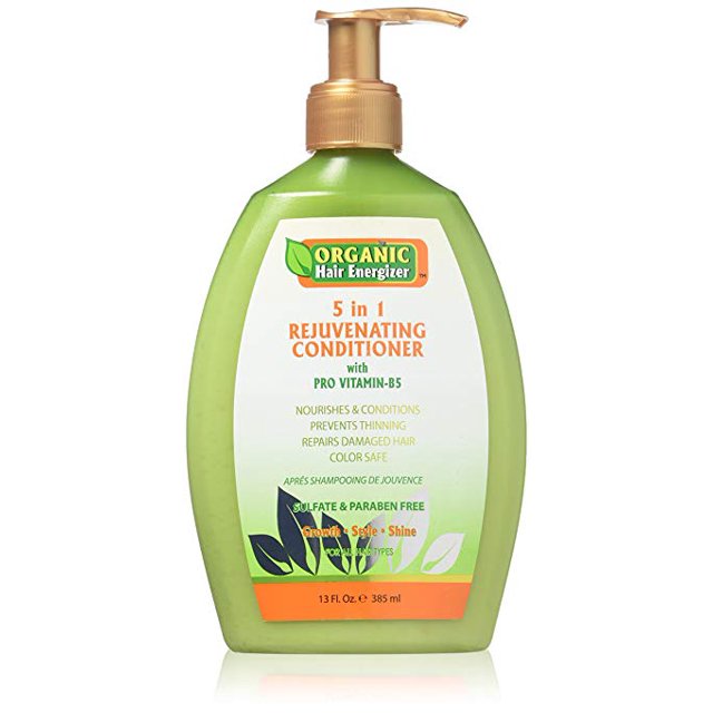 Organic Hair Energizer 5 in 1 Rejuvenating Conditioner with pro Vitamin-B5, 13 fl oz bottle. The green bottle features a pump dispenser and highlights benefits such as nourishing and conditioning hair, preventing thinning, repairing damage, and being sulfate and paraben-free. Suitable for all hair types.