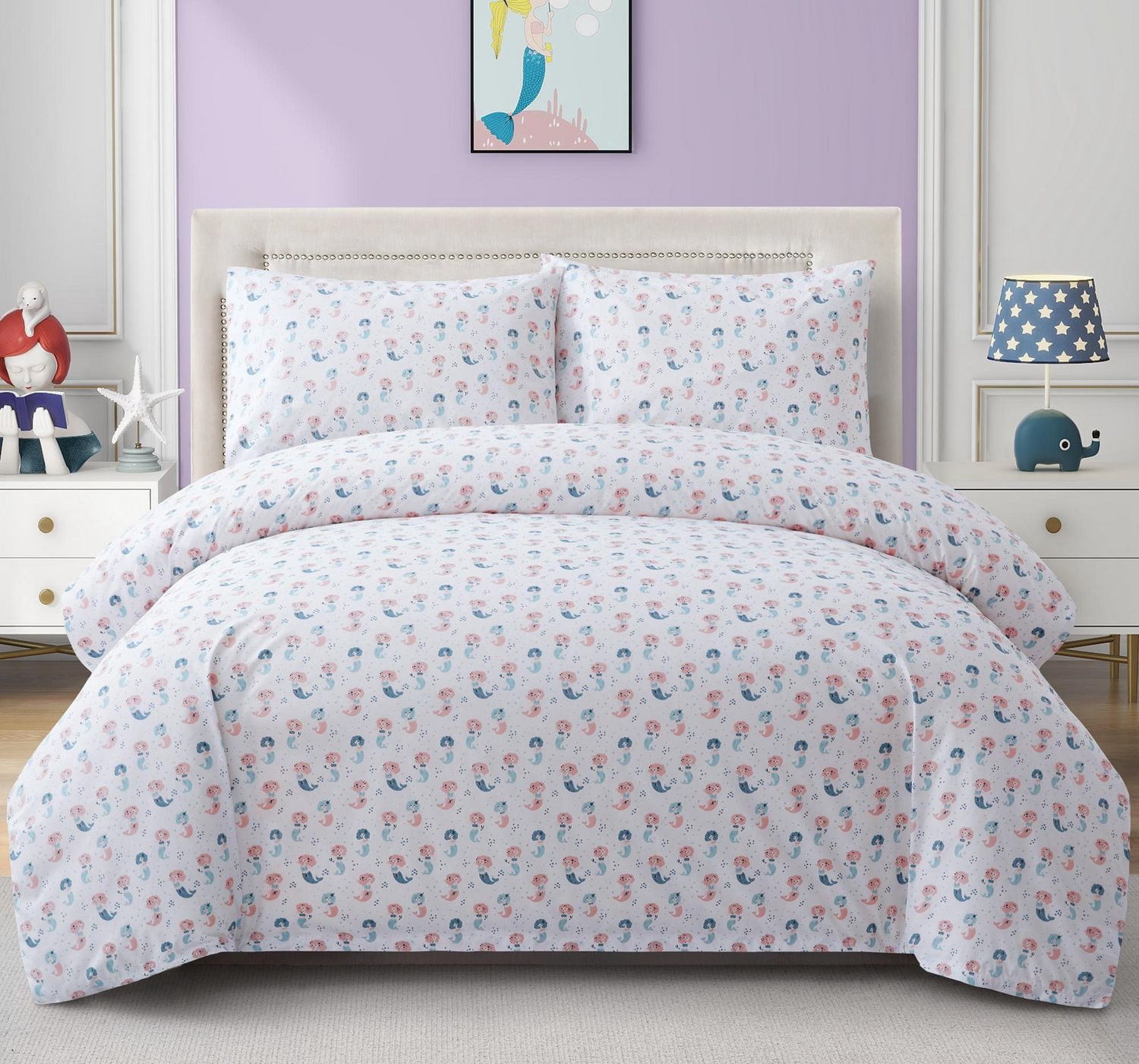 Marina Decoration Kids Girls Toddlers Cute Printed 600 Thread Count Soft Cotton Blend Percale Duvet Cover Set with Corner Tie and Zipper, Cartoon Mermaid Pattern