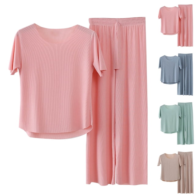 Sentmoon Ensemble de Pyjama 2 Pcs Chemises de Nuit pour Femmes Manches Courtes Ample Extensible Couleur Unie Robe de Nuit pour Femmes Mode d'Été pour Matin de Noël L