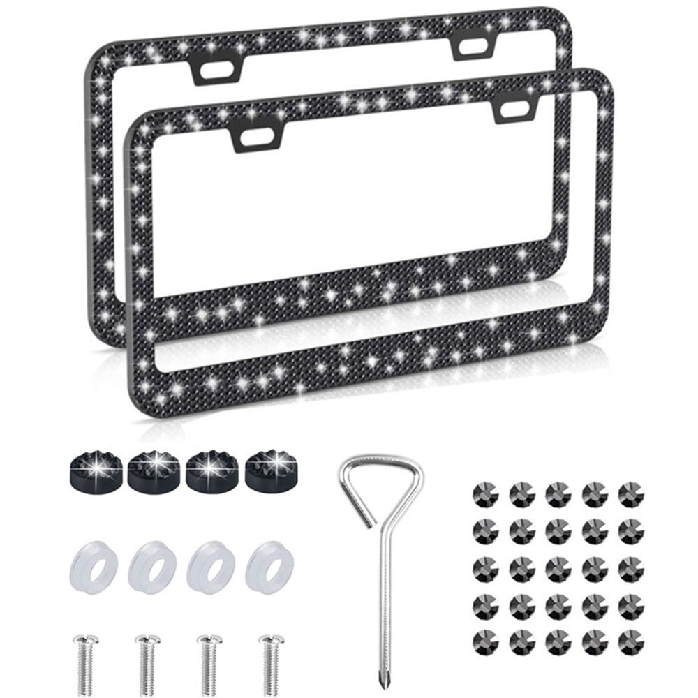 MesaSe 2pcs Bling Car License Plate Frame Sparkly Rhinestone License Plate Cover Stainless Steel Metal Frames Durable Rust-proof Front Back License Cover for Women Girls