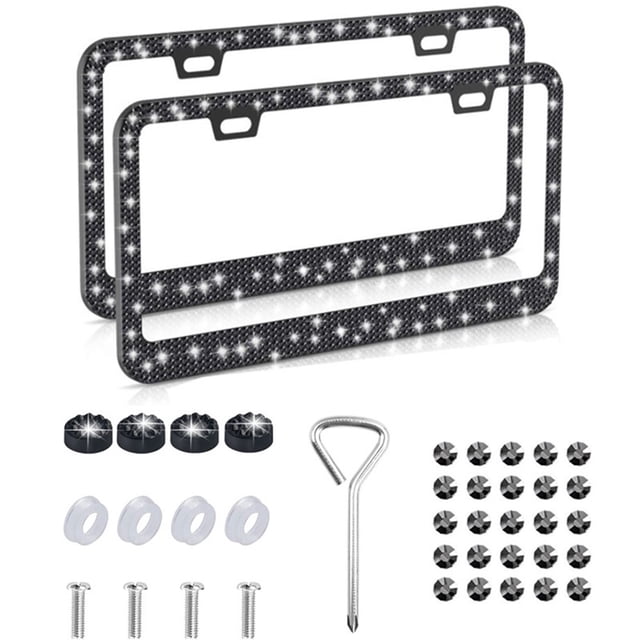 2pcs Bling Car License Plate Frame Sparkly Rhinestone License Plate Cover Stainless Steel Metal Frames Durable Rust-proof Front Back License Cover for Women Girls