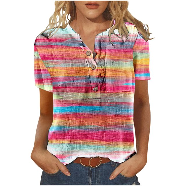 Cameland T-Shirt Décontracté d'Été pour Femmes à Manches Courtes Col Rond Boutonné Blouse Chandail Tops