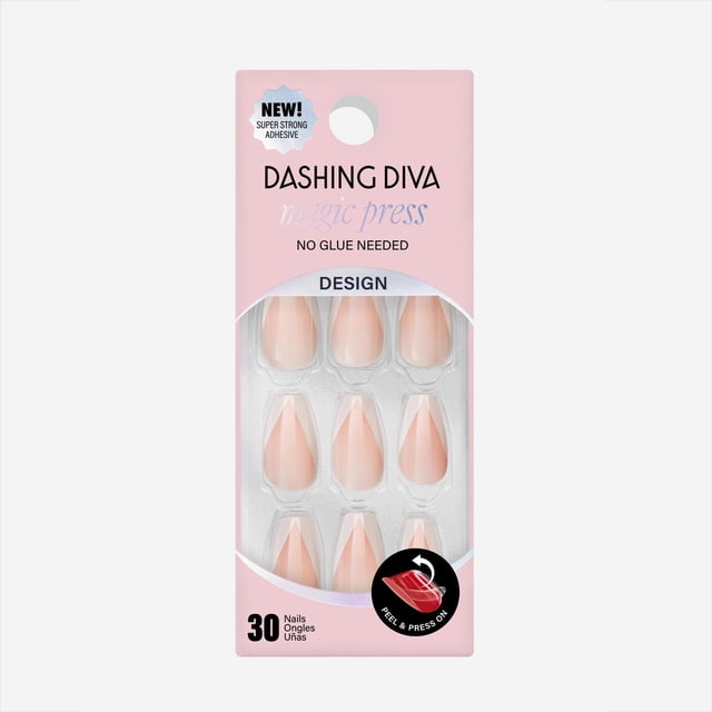 DD- MAGIC PRESS -HOLLYWOOD'S FINEST nude pink coffin-shaped press-on gel nails with white chevron french tips in a pink Dashing Diva package showing 30 nails with glossy finish, pressure-sensitive adhesive, waterproof formula lasting up to 10 days, and easy no-glue application suitable for quick nail styling.
