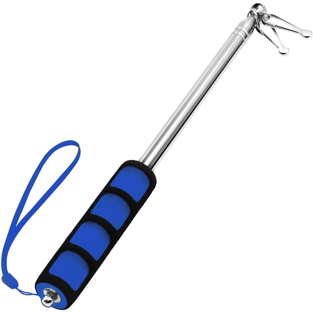 Anley 5 Feet Blue Telescopic Handheld Flagpoles with a lightweight, extendable stainless steel body and anti-slip foam grip. This collapsible flagpole includes specialized clips for secure flag attachment and a blue wrist strap for portability. Suitable for outdoor decor, tour guides, or teachers.