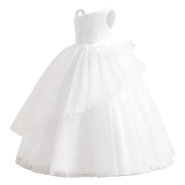 PMVFHDE Robe de Fête pour Filles Robe pour Enfants Robe Fille Robe Sans Manches de Performance Longue Robe à Pommeau Fête, Blanc, 12-14 Ans