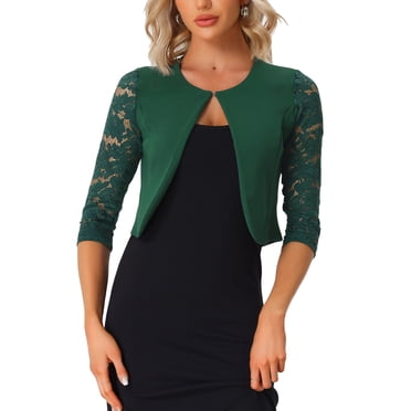 INSPIRE CHIC Women's Floral Lace Shrug Top 3/4 Sleeve Open Front Work Office Cardigan Formal Bolero XL Dark Green