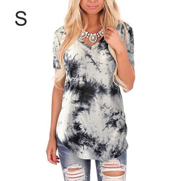 Women T-shirt V Neck Short Sleeve Top Tie Dye Top Women Tie Dye Summer Casual Blouse, Gray, S