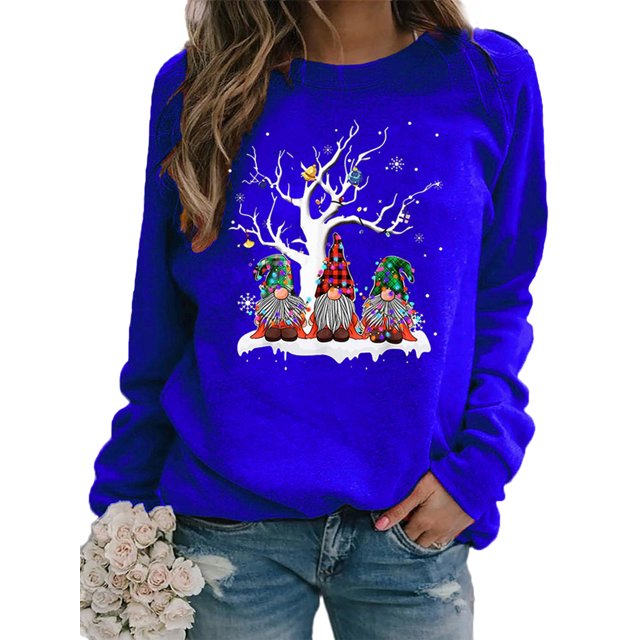Bellella Pull pour Femmes Col Rond Sweat-Shirts de Noël Imprimé Gnome Sweat-Shirt Chaud à Manches Longues Bleu 2TG