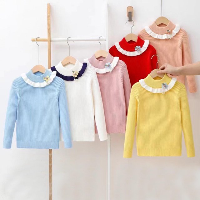 WRKEKC Girls Ruffled Collar Knit Sweater Flower Decoration Solid Color Long Sleeve Soft Warm Pullover for 3-7 Years Toddlers Fall Winter