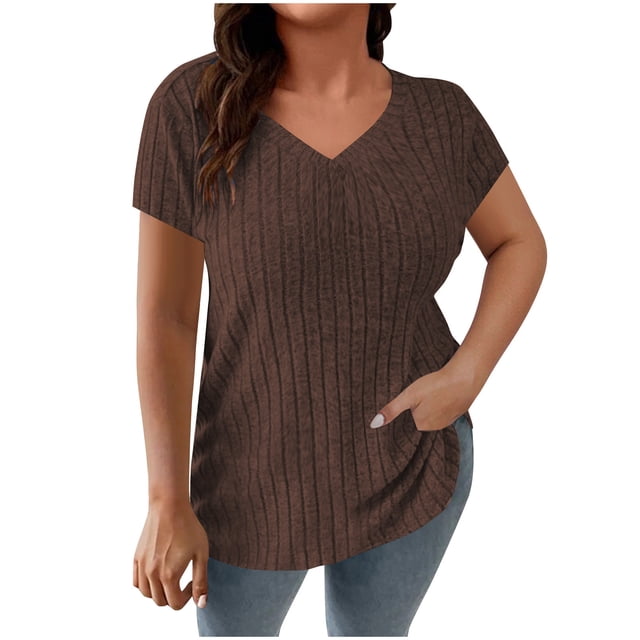 Liquidation d'Économies! Hauts Oversize pour Femmes en Liquidation, Blouse d'Été à Manches Courtes pour Femmes, Haut d'Été pour Femme Grande Couleur Unie à Col Rond en Tricot à Rayures à Manches Courtes