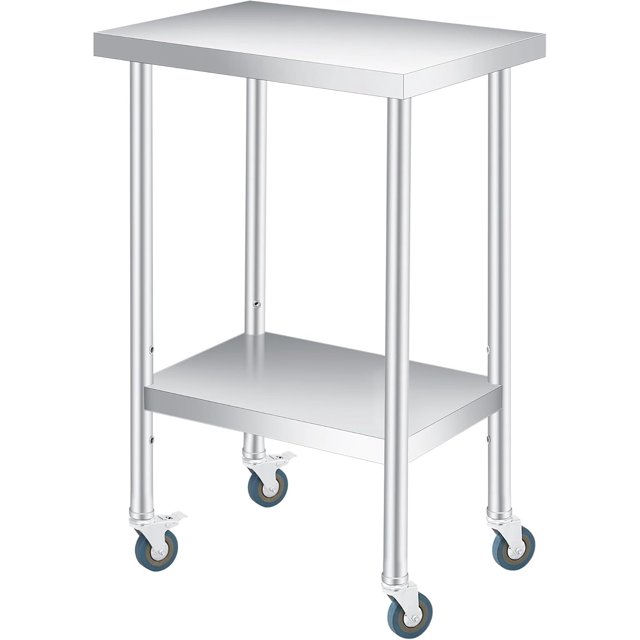 YUSAZENS Table de Rangement à Double Couche en Acier Inoxydable 201, Établi Mobile Chariot à Outils 14*24 Pouces+roues