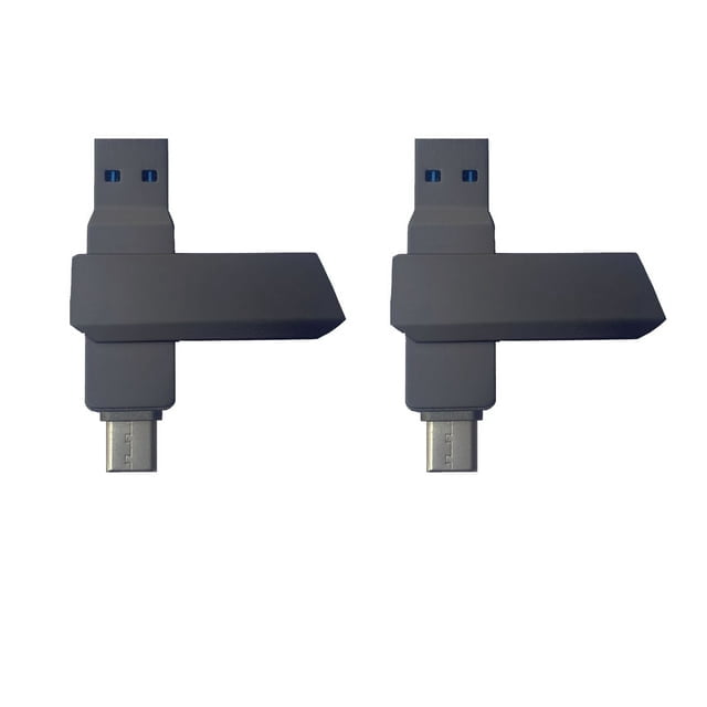 USB C Flash Drive 128GB Memory Stick USB 3.0 Type C Flash Drive Thumb Drive in black, featuring dual connectors (USB-C and USB-A) for seamless data transfer across Android phones, PCs, tablets, MacBooks, and more. Made of durable metal with protective caps to safeguard connectors from damage and dirt. Includes two drives with high-speed transfer rates of up to 110MB/s read and 30MB/s write, ideal for external storage and plug-and-play functionality.