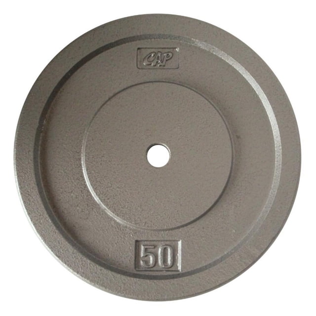 CAP Barbell Standard 1-Inch Cast Iron Weight Plate, 50 lb, Single, Grey, front-facing solid cast iron weight plate with a 1-inch center hole, grey baked enamel finish, embossed CAP logo and '50' weight marking, designed for standard 1-inch bars and suitable for strength training.