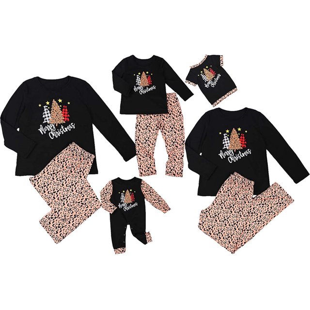 Pyjamas Assortis pour la Famille pour Noël, Papa Maman Enfant Bébé et Animal de Compagnie Ensemble de Vêtements de Nuit Imprimé Léopard