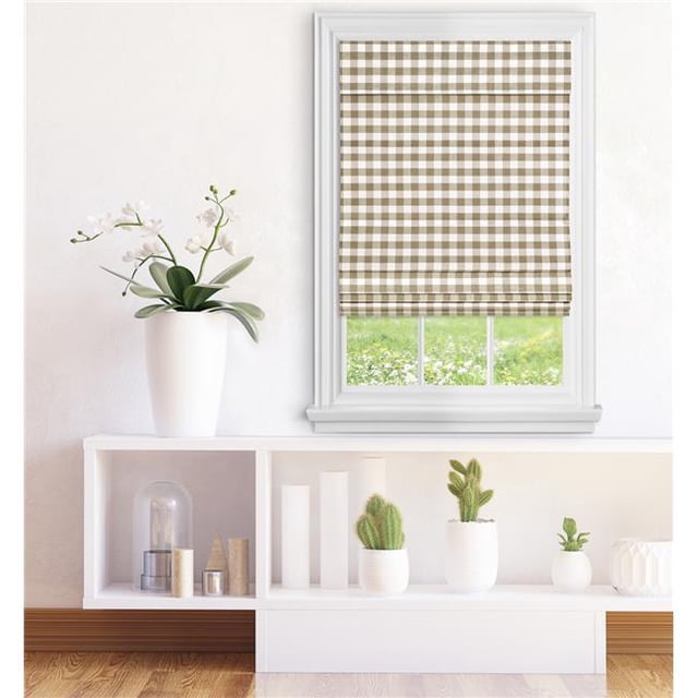 36 x 64 in. Cordless Buffalo Check Roman Window Shade, Taupe