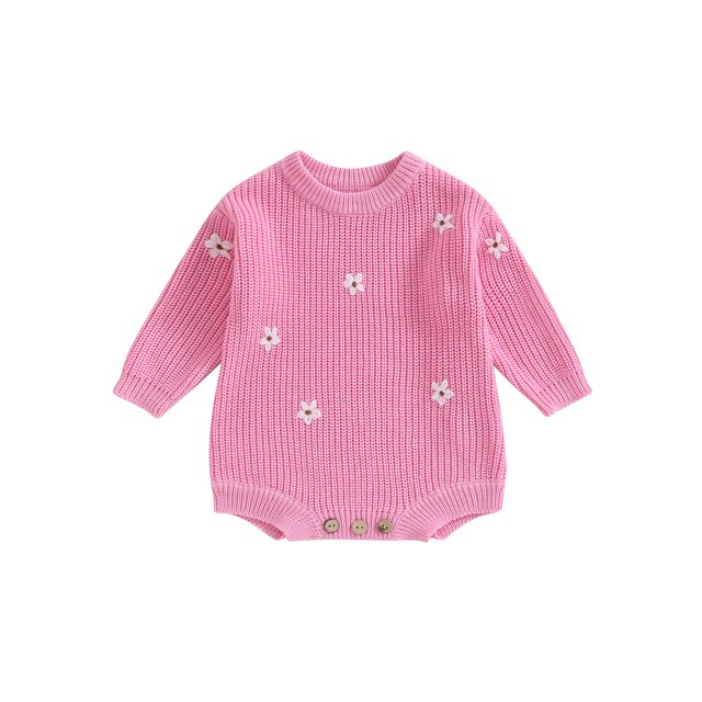 FOCUSNORM Combinaison Tricotée pour Bébé Fille Broderie Florale Col Rond Manches Longues pour Automne Hiver