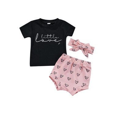 Honganda Letter Print Round Neck T-shirt + Love Print Shorts + Headband