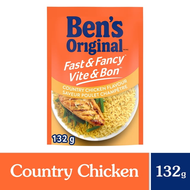 BEN'S ORIGINAL FAST & FANCY Country Chicken Flavour Rice 132g pouch with orange packaging showing a plate of long grain rice seasoned with chicken flavour, dried onion, and herbs, served with grilled chicken and green beans, ideal for quick, easy family meals.
